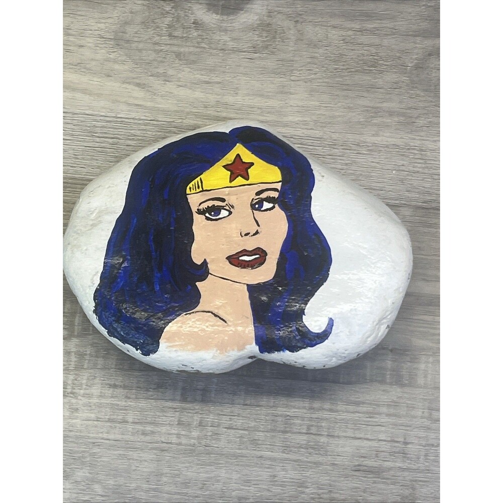 Hand Painted Art Rock Garden Wonder Woman Superhero Paperweight OOAK